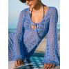 CUPSHE Women’s Crochet Swimsuit Coverup Dress Long Sleeve Tie Front Beach Cover Ups Summer Mini Coverup Dress(Blue)