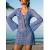 CUPSHE Women’s Crochet Swimsuit Coverup Dress Long Sleeve Tie Front Beach Cover Ups Summer Mini Coverup Dress(Blue)
