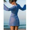 CUPSHE Women’s Crochet Swimsuit Coverup Dress Long Sleeve Tie Front Beach Cover Ups Summer Mini Coverup Dress(Blue)