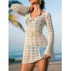 CUPSHE Women’s Crochet Swimsuit Coverup Dress Long Sleeve Tie Front Beach Cover Ups Summer Mini Coverup Dress(Off-white)
