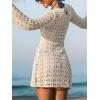 CUPSHE Women’s Crochet Swimsuit Coverup Dress Long Sleeve Tie Front Beach Cover Ups Summer Mini Coverup Dress(Off-white)