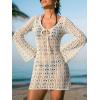 CUPSHE Women’s Crochet Swimsuit Coverup Dress Long Sleeve Tie Front Beach Cover Ups Summer Mini Coverup Dress(Off-white)