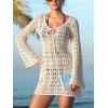 CUPSHE Women’s Crochet Swimsuit Coverup Dress Long Sleeve Tie Front Beach Cover Ups Summer Mini Coverup Dress(Off-white)