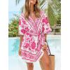 CUPSHE Womens Summer Mini Dresses Short Sleeve Boho Floral Beach Vacation Sundress V Neck Tie Waist Casual A Line Dress(Fuchsia Floral)