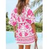 CUPSHE Womens Summer Mini Dresses Short Sleeve Boho Floral Beach Vacation Sundress V Neck Tie Waist Casual A Line Dress(Fuchsia Floral)