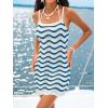 CUPSHE Women’s Swimsuit Cover Up Striped Sleeveless Crochet Mini Beach Cover Up Dress for Swimwear(Blue-white Striped)