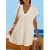 CUPSHE Womens Swimsuit Coverup Waffle Knit Short Sleeve V Neck Beach Cover Up Dresses for Swimwear(Beige)