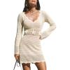 CUPSHE Crochet Swimsuit Coverup for Women Long Sleeve Scalloped V Neck Mini Beach Coverup Dresses(Beige)