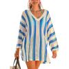 CUPSHE Crochet Swimsuit Coverup for Women V Neck Long Sleeve Striped Beach Cover Up Dresses(Peacock Blue)