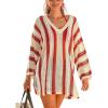 CUPSHE Crochet Swimsuit Coverup for Women V Neck Long Sleeve Striped Beach Cover Up Dresses(Red)