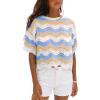 CUPSHE Women’s Crochet Cover Up Top Striped Short Sleeve Beach Cover Up Top Summer Casual Tops for Swimwear(Blue-neutral Striped)