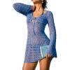 CUPSHE Women’s Crochet Swimsuit Coverup Dress Long Sleeve Tie Front Beach Cover Ups Summer Mini Coverup Dress(Blue)