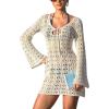 CUPSHE Women’s Crochet Swimsuit Coverup Dress Long Sleeve Tie Front Beach Cover Ups Summer Mini Coverup Dress(Off-white)