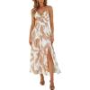 CUPSHE Women’s Long Dresses Summer Sleeveless Beach Casual Side Slit Spaghetti Straps Vacation Graduation Midi Dress(Khaki Printed)