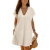 CUPSHE Womens Swimsuit Coverup Waffle Knit Short Sleeve V Neck Beach Cover Up Dresses for Swimwear(Beige)