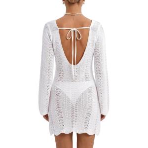CUPSHE Crochet Swimsuit Coverup for Women Long Sleeve Open Back Hollow Out Mini Beach Cover Up Dresses(White)
