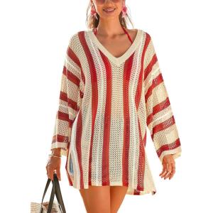 CUPSHE Crochet Swimsuit Coverup for Women V Neck Long Sleeve Striped Beach Cover Up Dresses(Red)