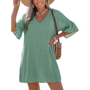 CUPSHE Swimsuit Coverup for Women V Neck Lightweight 3/4 Bell Sleeve Summer Beach Cover Up Dress(Green)
