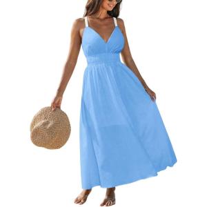 CUPSHE Women 2026 Summer Beach Maxi Dress Plunge V Backless Cami Strape Smocked Waist Sun Dress Long Wedding Guest Dress(Blue)