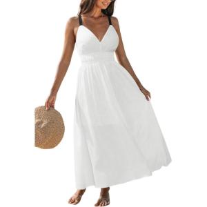 CUPSHE Women 2026 Summer Beach Maxi Dress Plunge V Backless Cami Strape Smocked Waist Sun Dress Long Wedding Guest Dress(White)