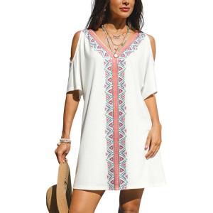 CUPSHE Women Casual Beach Summer Dress V Neck Swimsuit Cover Up Short Sleeve Mini Sundress Coverups(White)