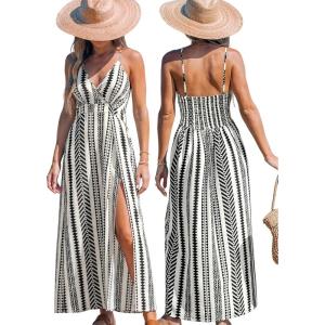 CUPSHE Women Halter Backless Summer Dresses Spaghetti Strap Side Slit Casual Beach Sundress Holiday Vacation Maxi Dress(Black)