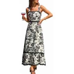 CUPSHE Women’s Boho Floral Maxi Dress 2026 Sleeveless Long Flowy Sundress Summer Beach Vacation Wedding Guest Cami Dresses(Black White)