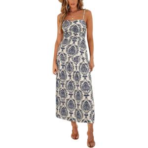 CUPSHE Women’s Boho Summer Dresses Sleeveless Ruched Paisley Smocked Beach Vacation Sundress Spaghetti Straps Midi Dress(Navy Paisley)