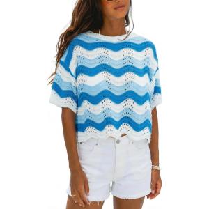 CUPSHE Women’s Crochet Cover Up Top Striped Short Sleeve Beach Cover Up Top Summer Casual Tops for Swimwear(Blue Striped)