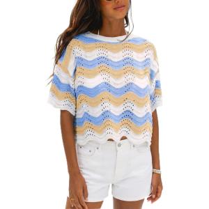 CUPSHE Women’s Crochet Cover Up Top Striped Short Sleeve Beach Cover Up Top Summer Casual Tops for Swimwear(Blue-neutral Striped)