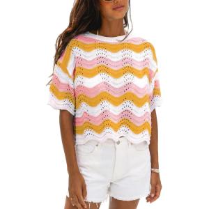 CUPSHE Women’s Crochet Cover Up Top Striped Short Sleeve Beach Cover Up Top Summer Casual Tops for Swimwear(Pink-yellow Striped)