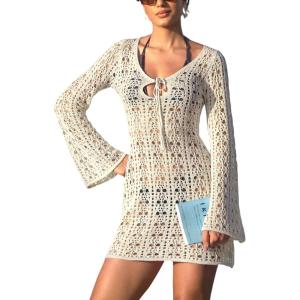 CUPSHE Women’s Crochet Swimsuit Coverup Dress Long Sleeve Tie Front Beach Cover Ups Summer Mini Coverup Dress(Off-white)