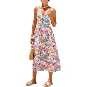 CUPSHE Women’s Long Dresses Summer Sleeveless Beach Casual Side Slit Spaghetti Straps Vacation Graduation Midi Dress(Pink/Blue)