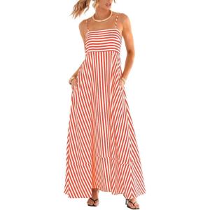 CUPSHE Womens Summer Maxi Dress Casual Sleeveless Square Neck Striped Beach Long Dress with Pockets(Coral)