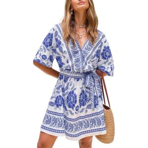 CUPSHE Womens Summer Mini Dresses Short Sleeve Boho Floral Beach Vacation Sundress V Neck Tie Waist Casual A Line Dress(Blue Floral)