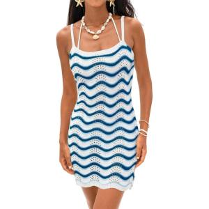 CUPSHE Women’s Swimsuit Cover Up Striped Sleeveless Crochet Mini Beach Cover Up Dress for Swimwear(Blue-white Striped)