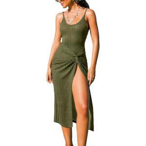 CUPSHE Womens Swimsuit Coverup Ribbed Backless Square Neck Midi Beach Cover Up Dresses(Green)