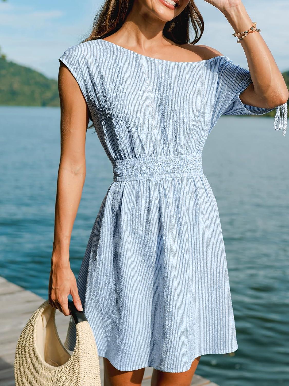 imageCUPSHE Women Off Shoulder Summer Dress Striped Drawstring Sleeve Smocked Waist Mini Dress Casual Beach Vacation SundressLight Blue