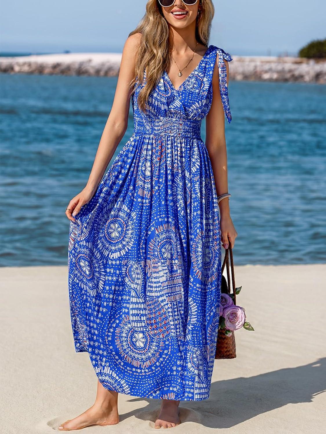 imageCUPSHE Women Summer Beach Maxi Dress Plunge V Backless Smocked Waist Side Slit Sun Dress Casual Vacation Long DressBlue Paisley