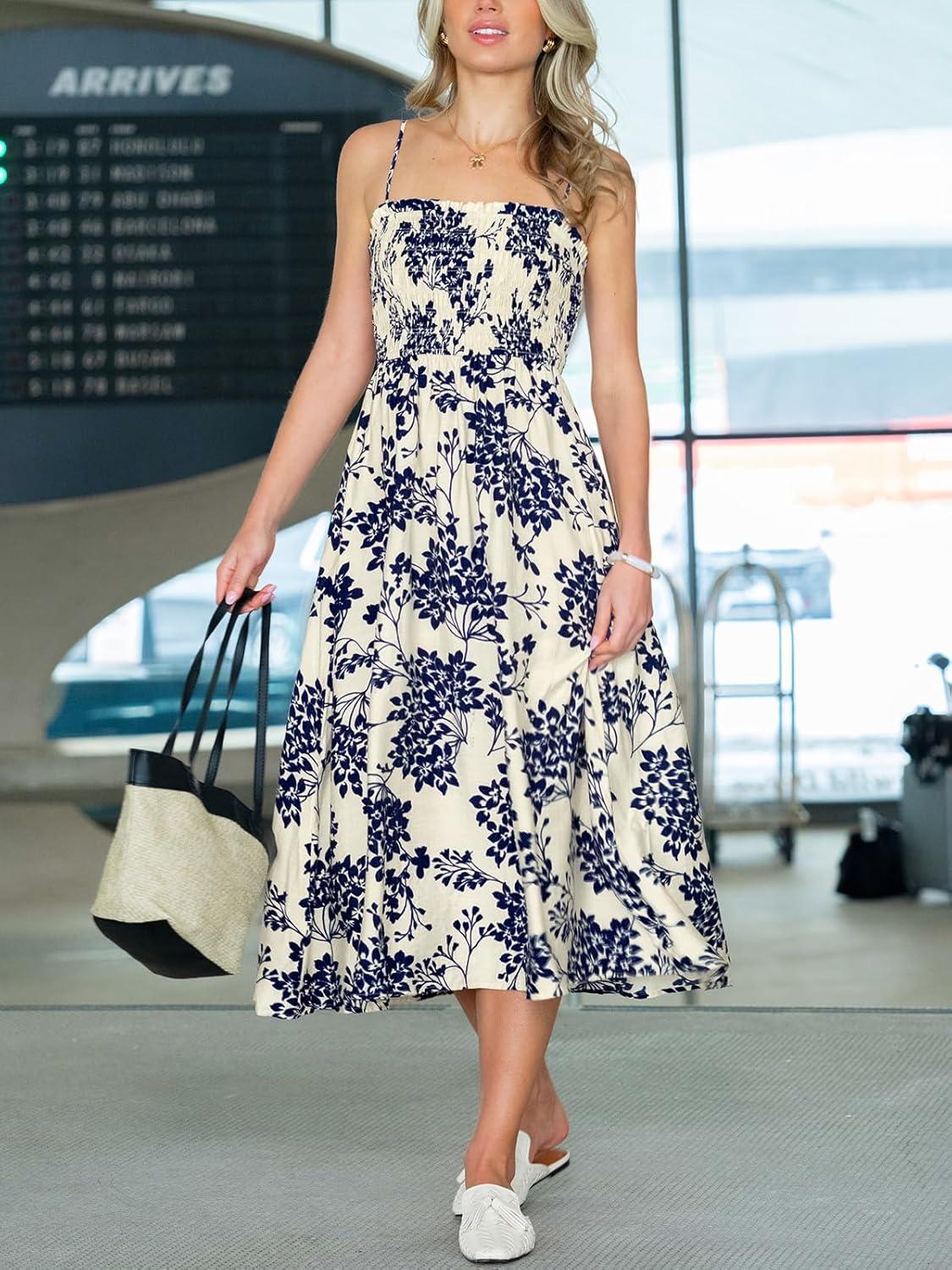 imageCUPSHE Womens Floral Smocked Midi Dress Sleeveless Spaghetti Strap Boho Flowy A Line Spring Summer Beach Long DressesBlue