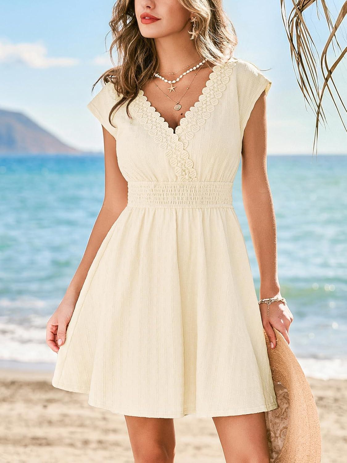 imageCUPSHE Womens Summer Dresses Boho V Neck Sleeveless Textured A Line Smocked Swing Beach Mini DressBeige