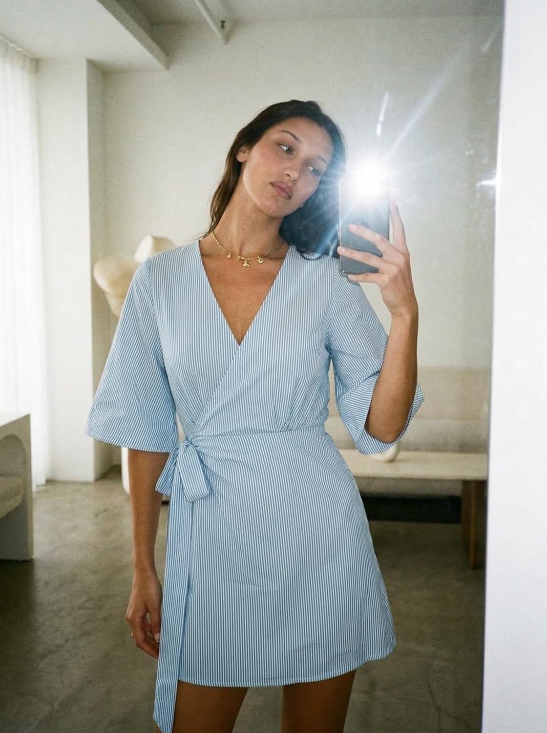 imageCUPSHE Womens Summer Dresses Striped V Neck Short Sleeve Kimono Wrap Tie Front Mini DressBlue