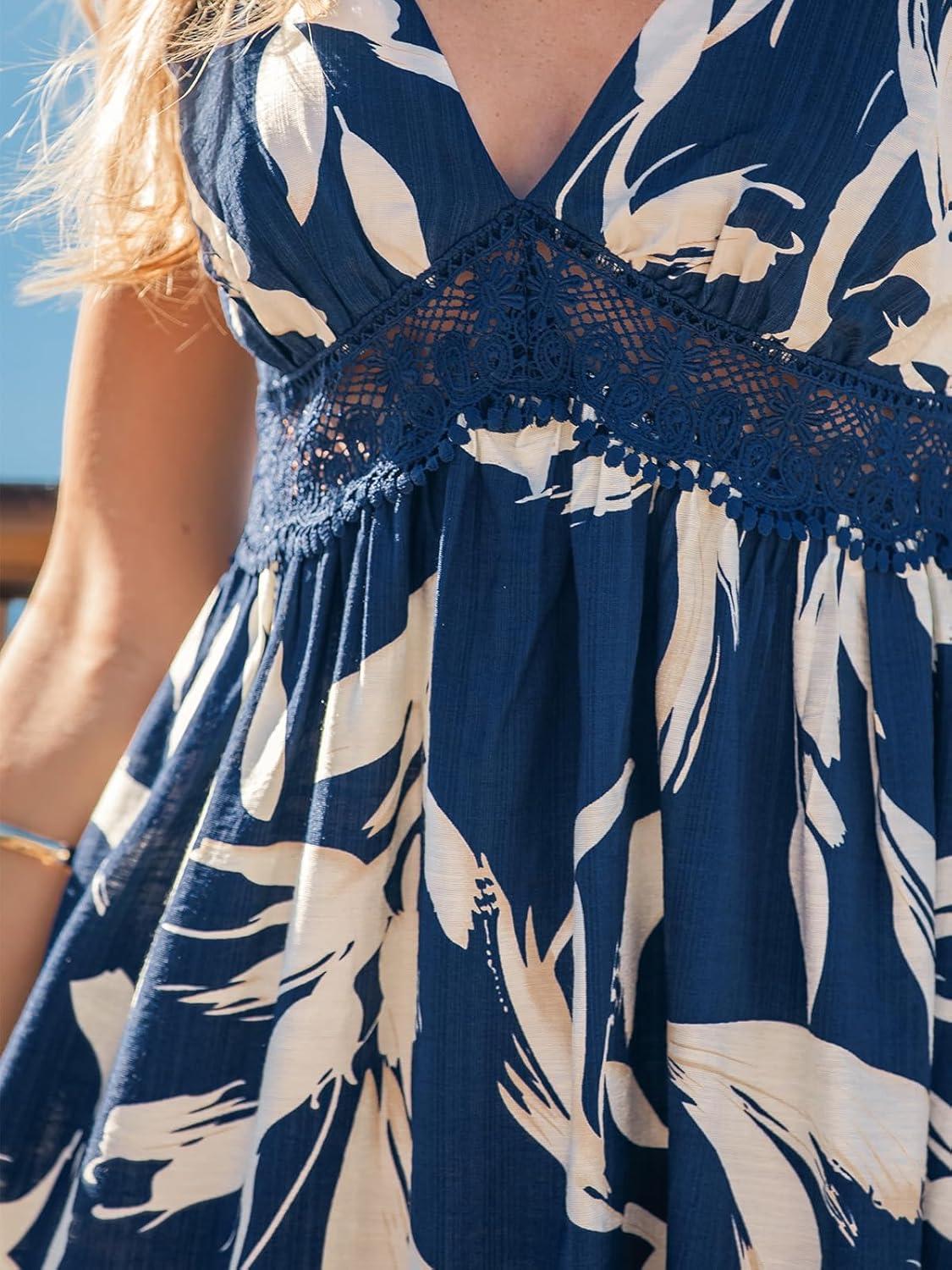 imageCUPSHE Womens Summer Floral Sundress V Neck Lace Ruffled Beach Dress Casual Boho Sleeveless Mini Dresses Vacation OutfitNavy Floral