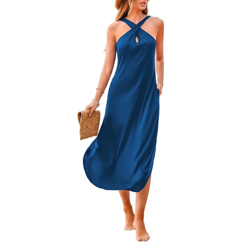 imageCUPSHE Women Casual Summer Dresses Knit Sundress Halter Sleeveless Cutout Slit Long Beach Vacation Pocket Maxi Cover Up DressBlue