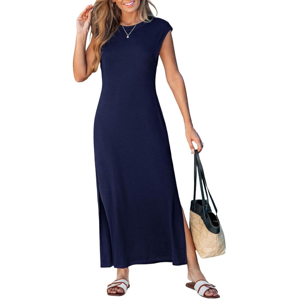 imageCUPSHE Women Summer Dress Round Neck Sleeveless Beach Vacation Maxi Dress Side Slit Casual Midi Sun Dress with PocketsNavy Blue