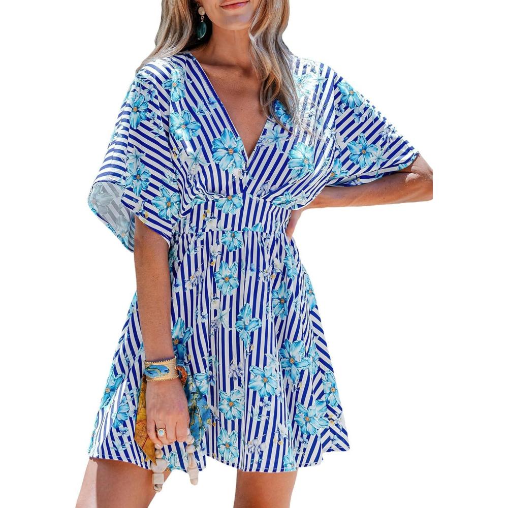 imageCUPSHE Women Summer Dresses Floral Plunging V Neck Short Sleeve Elastic Waist Beach Vacation Mini DressBlue