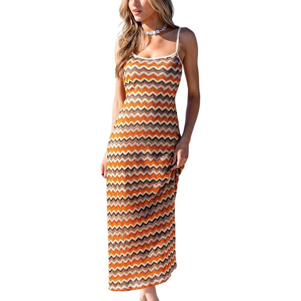 imageCUPSHE Womens Bohemian Striped Maxi Dress Sleeveless Spaghetti Strap Fitted Crochet Dress Beach Vacation Long SundressOrange