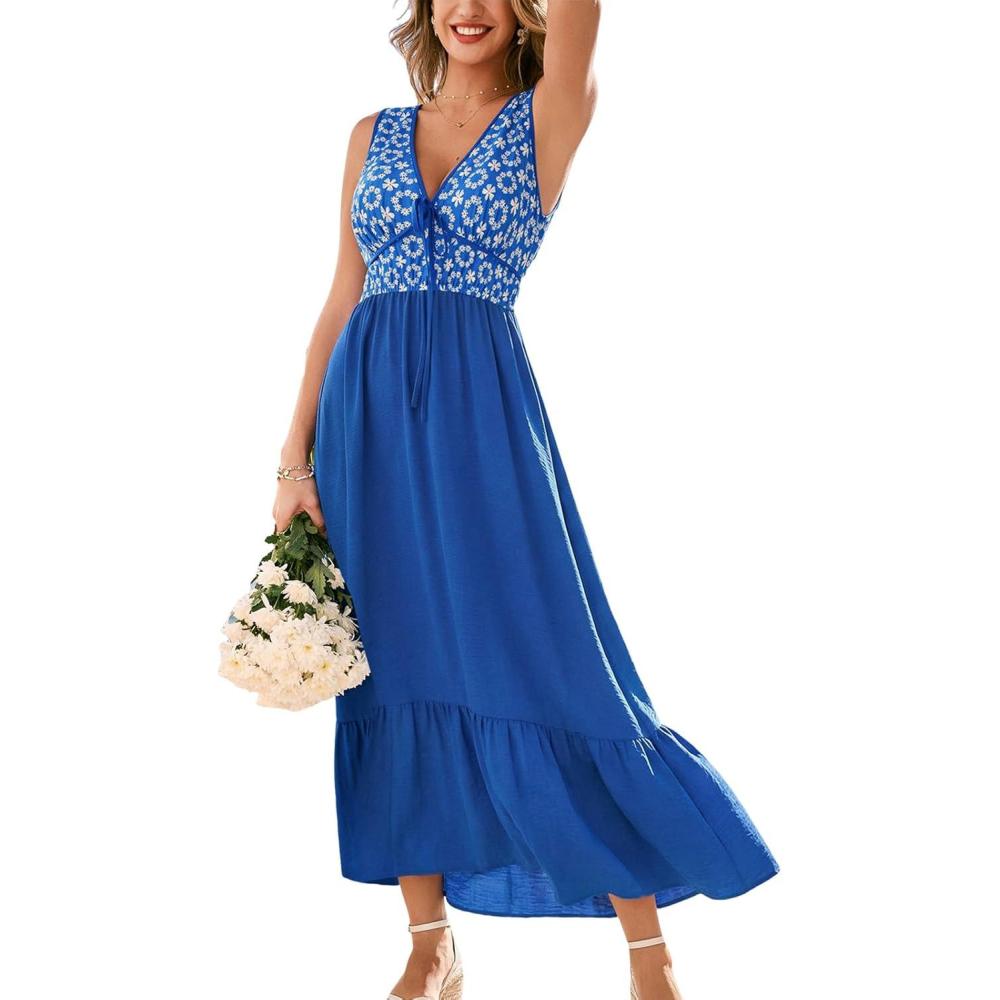 imageCUPSHE Womens Boho Floral Maxi Dress Plunging V Neck Sleeveless Long Dress Tiered Ruffle Summer Vacation Beach DressBlue