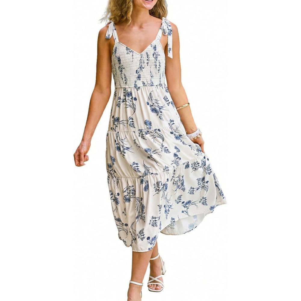 imageCUPSHE Womens Boho Floral Midi Dress Tie Shoulder Sleeveless Smocked Sundress Flowy Summer Beach Wedding Guest DressWhite Blue