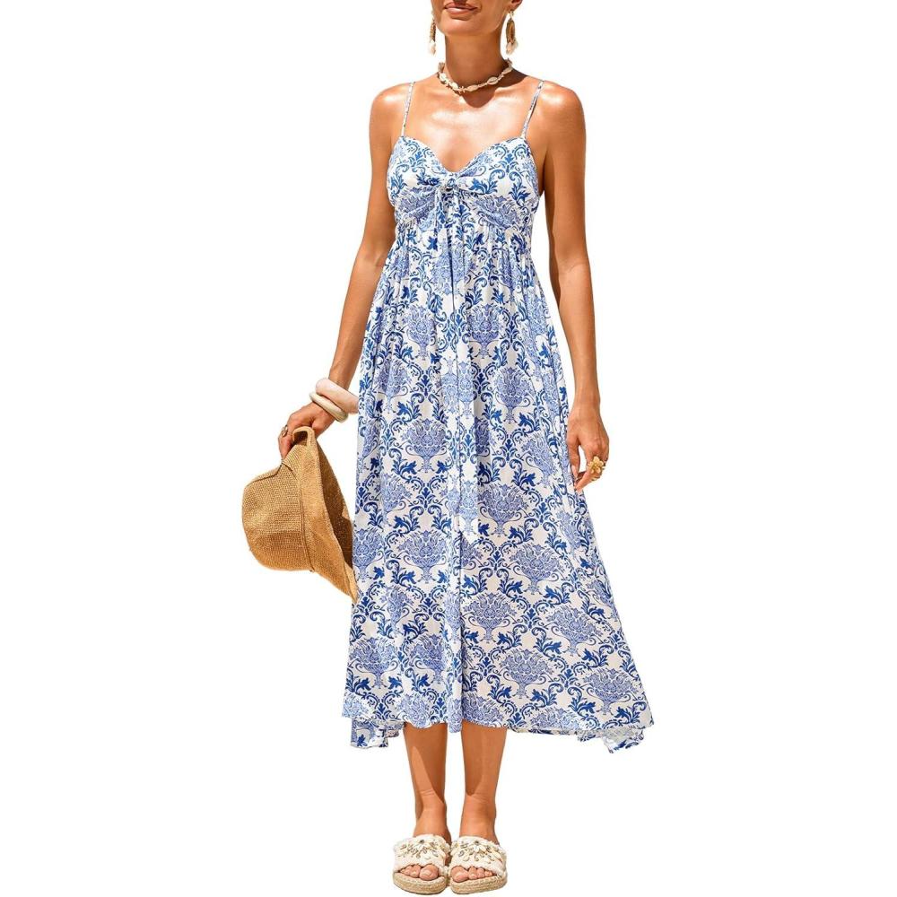 imageCUPSHE Womens Boho Paisley Floral Midi Dress Spaghetti Strap Smocked Long Sundress Flowy A Line Summer Beach Vacation DressBlue